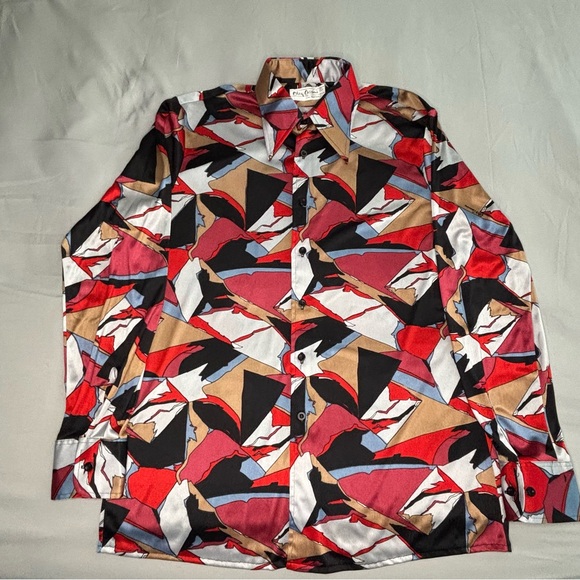 Vintage Oleg Cassini By Burma Disco Shirt Mens Large 1970s Geometric Print Nylon - Picture 1 of 8